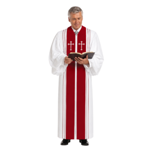 Canterbury Men's Clergy Robe in white with red stole and cross embroidery