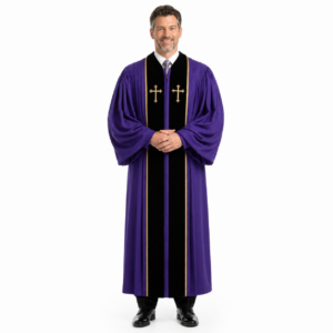 Men’s pastor robe with formal front panel and embroidered cross for church services