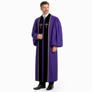 Regal Men’s Clergy Robe black with gold-trimmed sash and cross embroidery