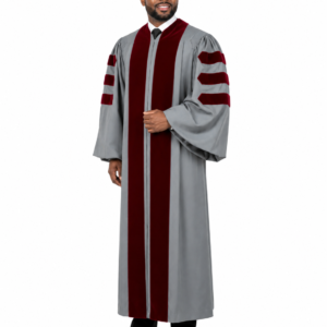 Grey clergy robe for men with red trim and pleated shoulders