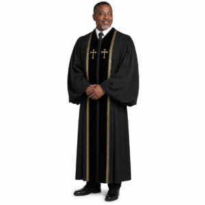 Sanctuary Men’s Clergy Robe black with gold trim and cross embroidery