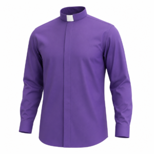 Front view of a long-sleeve purple clergy shirt with a white neckband collar and double French cuffs, designed for archbishops and high-ranking clergy, displayed on a clean white background.