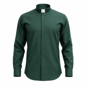 Front view of The Chancellor Men’s Clergy Shirt in deep green with white neckband collar and French cuffs, displayed on a clean white background, highlighting its tailored fit and sleek, formal design.