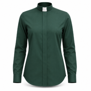 Faith Women’s Clerical Shirt in deep green with white tab collar and tailored long sleeves
