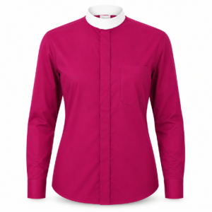 The Grace Women’s Clerical Shirt in magenta with white neckband collar and concealed front placket