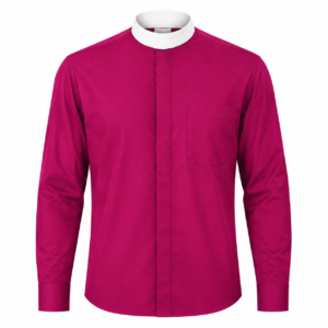 The Prelates ceremonial clergy shirt in deep purple with a white tab collar and white French cuffs, long sleeves, concealed button placket, and left chest pocket, displayed on a clean white background.