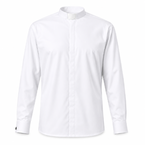 White men’s clergy shirt with long sleeves, structured tonsure collar, French cuffs, and minimal front placket, suitable for pastors, priests, ministers, and chaplains.