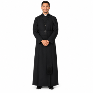 Vanguard Men’s Clergy Robe black with cross sash and gathered sleeves