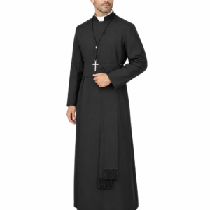 Vanguard Men’s Clergy Robe black with cross sash and gathered sleeves