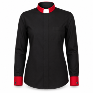 Women’s Black Clerical Shirt with Red Collar and Cuffs featuring white tab insert and concealed front placket