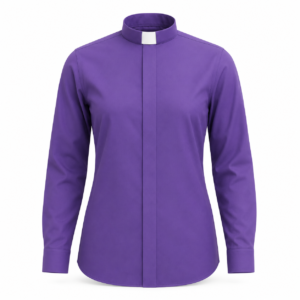 Women’s Purple Clerical Shirt with White Tab Collar and concealed front placket