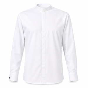 Women’s White Clerical Shirt with white neckband collar, long sleeves, and concealed front placket