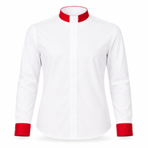 Women’s White and Red Long Sleeve Clerical Shirt with red collar, red cuffs, and concealed front placket