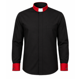 The Regal Men’s Clergy Shirt – Black long sleeve tab-collar shirt with bright white collar insert and contrasting red French cuffs, displayed on a clean white background